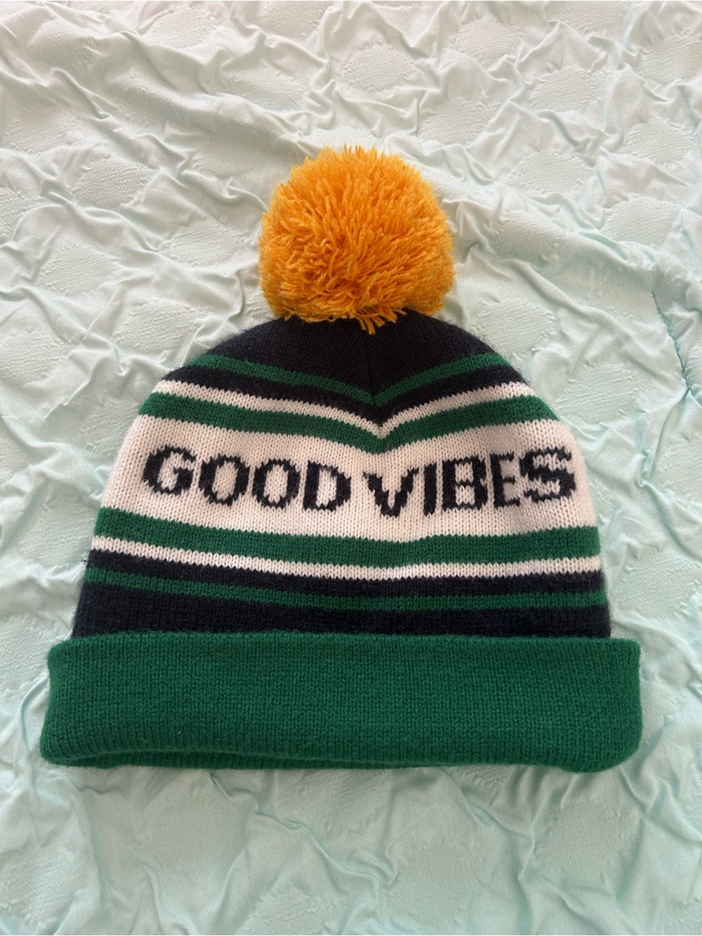 Old Navy Beanie - Green, Navy & Yellow Pom